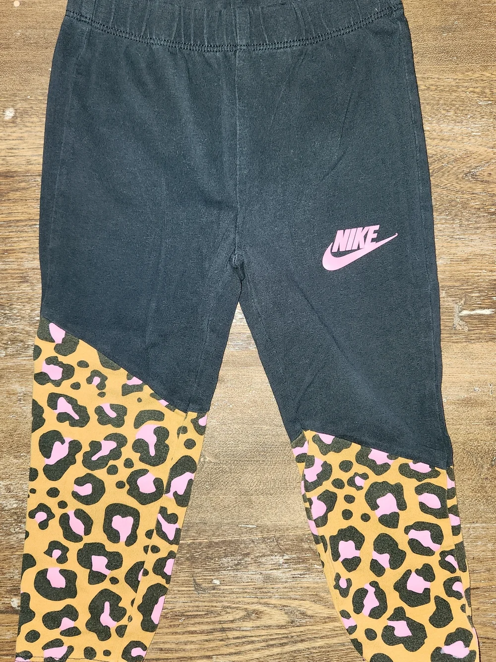 Nike Black Leggings with Pink & Tan Leopard Panels - Kids